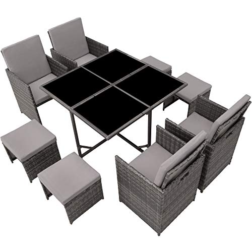 tectake Lounge Möbel Set aus 4X Stühle, 1x Tisch, 4X Hocker, wetterfest und platzsparende Cube Aufbewahrung inkl. Schutzhülle, Outdoor Rattan Gartenmöbel für Balkon, Garten und Terrasse - grau – Bild 8