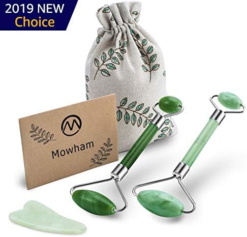 Jade Roller 2pcs & Gua Sha Tool 1pcs for Face 100% Natural Jade Stone Anti Aging Facial Skin Massage Set | Reduces Puffiness &Wrinkles | Therapy for Slimming - Include Bag, Instructions (1)