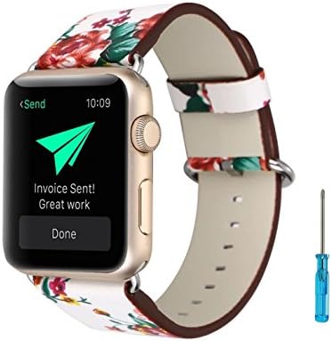 BouQue Replacement Band for Apple Watch 38mm, Soft Genuine Leather Floral Style Wristband Strap for iWatch Series 3 Series 2 and Series 1 (White&amp;Red)