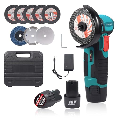 Mini Cordless Angle Grinder 12V 76mm Brushless Motor 19500rpm with 2 x 1500mAh Batteries & 8 Discs Electric Cutting Tool for Metal, Wood, Tile and PVC