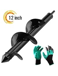 Broca Auger de 3.0 x 12.0 in, broca de jardín para flor de plantas con guantes de jardín Genie, excavador de agujeros para poste o paraguas para taladro hexagonal de 0.4 in, broca de tierra