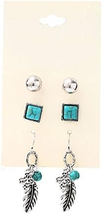 3 Pairs/Set Antique Gold Silver Ball Square Resin Stone Stud Earrings Leaves Dangle Earring (Silver)