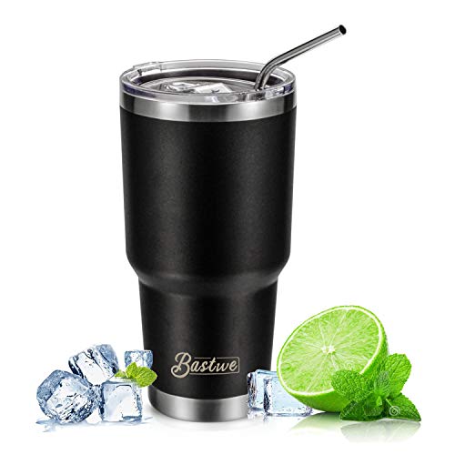 2 Pack 30oz Vacuum Insulated Tumblers, Bastwe Double Wall Stainless Steel Travel Mug with Lid and Straw for Home, Office, School, Works Great for Ice Drink, Hot Beverage (Black)