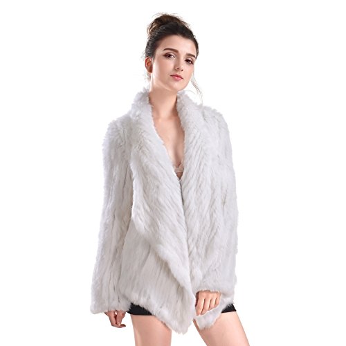 Vemolla Women's Genuine Knit Rabbit Fur Coat Jacket Outwear with Pocket