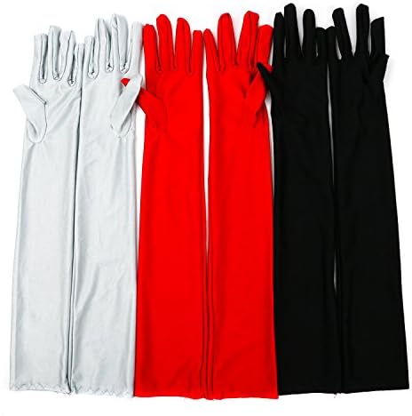 IDS 3 Pair 1920s Opera Gloves Classic Long Satin Gloves Elbow Length 22 Inch Gloves for Women and Girls,Black, Gray, Red