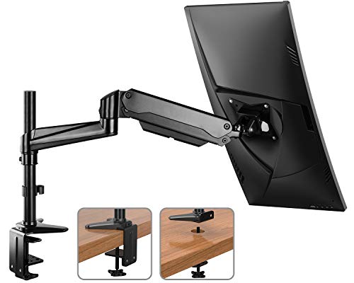 HUANUO Monitor Mount Stand – Single Arm Gas Spring Monitor Desk Mount Height Adjustable VESA Bracket for 17 to 32 Inch Computer Screen – Holds up to 17.6lbs with C Clamp Bolt-Through Grommet Base