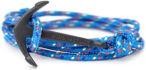 VIRGINSTONE Silver Gold Anchor Fish Hook on Blue Nylon Core Ropes Bracelets BACELONA (Black Anchor)