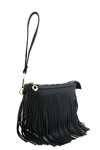 Small Fringe Crossbody Bag with Wrist Strap Black