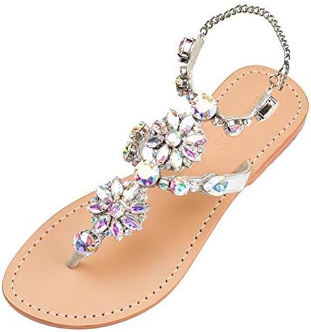 Women's Summer T-Strap Bohemian Rhinestone Slip On Flip Flops Flat Sandals