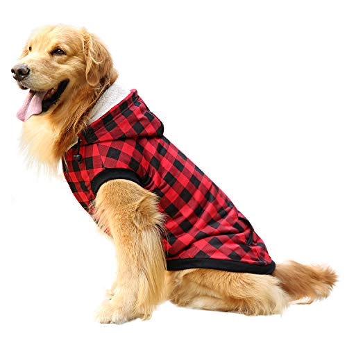 ASENKU Dog Winter Coat Thicker Fleece Dog Hoodie Jacket British Plaid Pet Warm Outfit with Removable Hat Windproof Vest for Small Medium Large Dogs