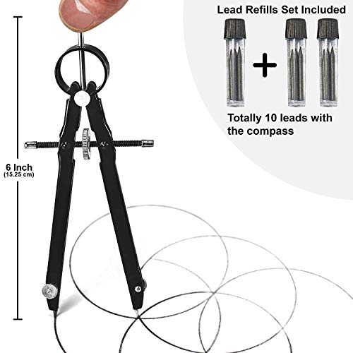 Offizeus Professional Compass for Geometry with Extra Lead Refills - Makes 10 Inch Circle - Math Compass, Drawing Compass - Metal Precision Bow Compass with Lock - for Drafting, School, Woodworking