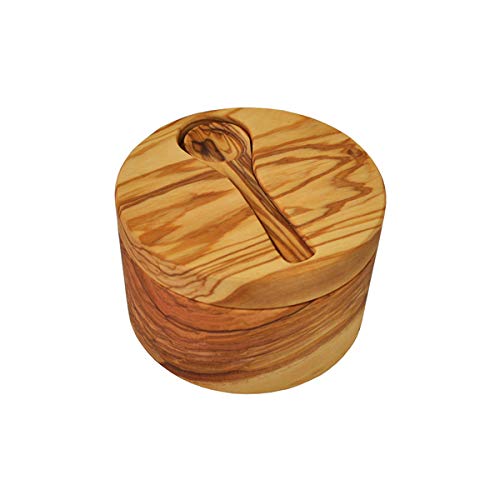 Naturally MedOlive Wood Salt Cellar with Inset Spoon. Magnetic, swivel lid. Spoon is held by a magnet on lid. Salt cellar, salt pot, salt keeper. Natural Olive Wood.