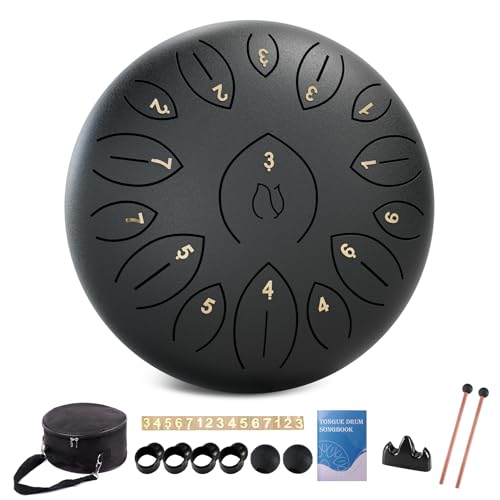 Stahlzungentrommel 12 Zoll 15 Töne, Stahltrommeln für Kinder und Erwachsene, Handpan-Trommel mit Notenbuch, Trommelschlägeln und Tragetasche, Handpan 