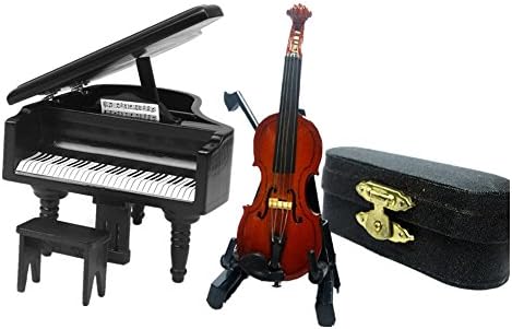 dreamflyingtech 1: 12 Dollhouise Piano and Stool Black + Miniature Realistic Blue Acoustic ViolinWooden Collectable Classic Gift (Piano + Violin)