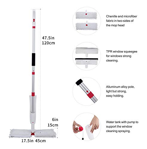 VENETIO Flip Spray Mop for Floor Cleaning with 2 Reusable Pads & 1 Refillable Bottle & 1 Extra Squeegee Head - Dual-sided Flat Microfiber Mop Cleaner for Wood, Hardwood, Laminate, Tile, Vinyl, Ceramic