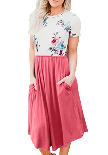YOOKI Women High Waisted Short Sleeve Floral Midi Casual T Shirt Dress with Pockets Pink S