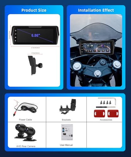 Rimoody Wireless Carplay Motorcycle Display with Dashcam 2 Front and Back Camera, 6.86 Inches Touchscreen Portable Carplay Android Car Screen for Motorbike with Mirror Link/Bluetooth/IP68 Etanche