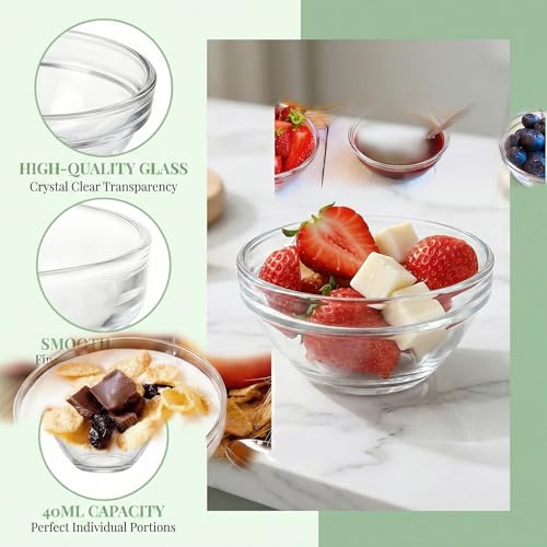 BXUUXA 24 Pieces Glass Bowls, 40 ml Reusable Snack Bowls, Mini Bowls for Sauces, 6 cm Diameter, Microwave Glass Bowl for Appetizers for Sauces, Desserts, Snacks, Fruits, Sushi