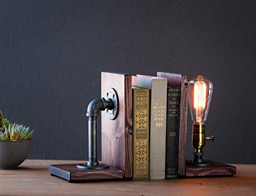 Industrial Steampunk bookend table pipe lamp with Classic Edison bulb and oak wood base