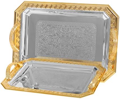 Home N Kitchenware Collection (2 Piece Set) Decorative Food/Coffee Serving Tray, Charger Plate, Mediterranean Design, Centerpieces/Home Décor Accents, Many Designs (Gold Silver 5)