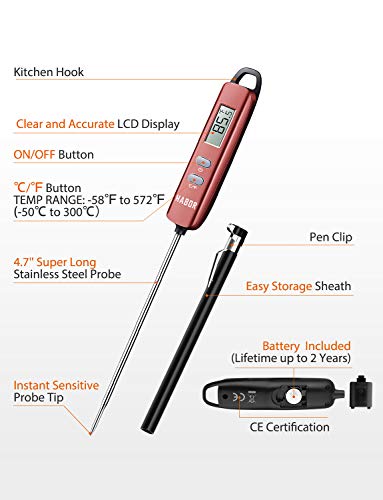Habor 022 Meat Thermometer, Instant Read Thermometer Digital Cooking Thermometer, Candy Thermometer with Super Long Probe for Kitchen BBQ Grill Smoker Meat Oil Milk Yogurt Temperature
