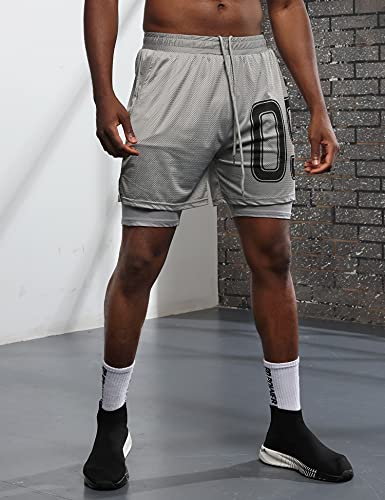 iWoo Men\'s 2 in 1 Workout Running Shorts Quick Dry Compression Shorts with Pockets Grey