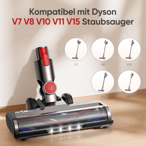 FLYLINKTECH Brush Compatible with Dyson V7, V8, V10, V11, V15 Vacuum Cleaner, Brush with 4-LED Headlights, Flexible Rotation and 2 Replacement Wheels