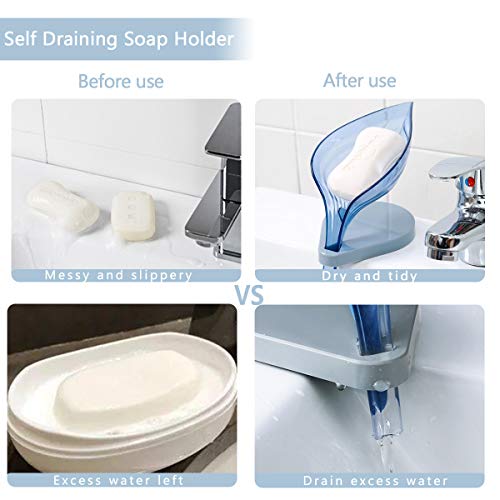 Soap Dish Holder Leaf Shape - Decorative Drainage Soap Box, Durable Plastic Soap Case, Anti Slip Soap Saver Tray with Suction Cup for Bathroom Kitchen (Not Punched)