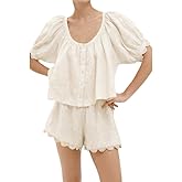 VAOYIU Womens Gingham Two Piece Casual Set Puff Sleeve Round Neck Elegance Top High Waist Shorts with Scalloped Hem