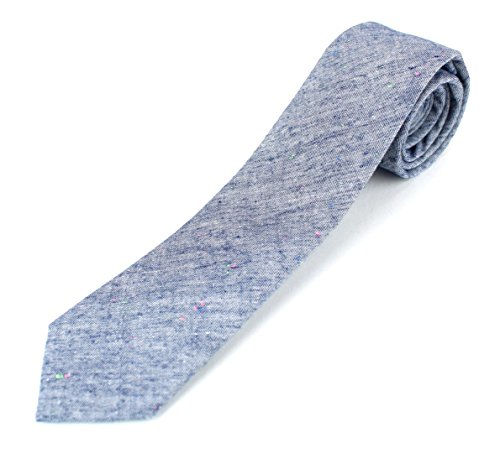 Men's Cotton Skinny Necktie Tie Bright Rainbow Nep Chambray Pattern - Navy