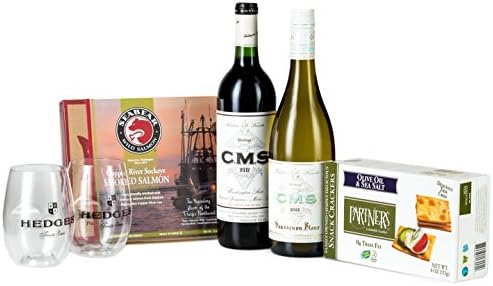 Hedges Family Estate Washington State Classics Gift Set with Copper River Smoked Salmon, Partners Crackers, &amp; 2 Go Vino glasses, 2 x 750 mL