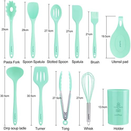 Aschef Ensemble d'Ustensiles de Cuisine en Slicone, Lot de 11 Ustensile de Cuisine Pratique et Robuste avce le Rangement, Anti-Adhésive, Kit Ustensile Cuisine Complet avec Spatule, Couleur Bleu