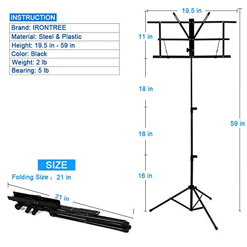 IRONTREE Music Stand - Folding Music Holder with Carrying Bag - Thumbnail 5