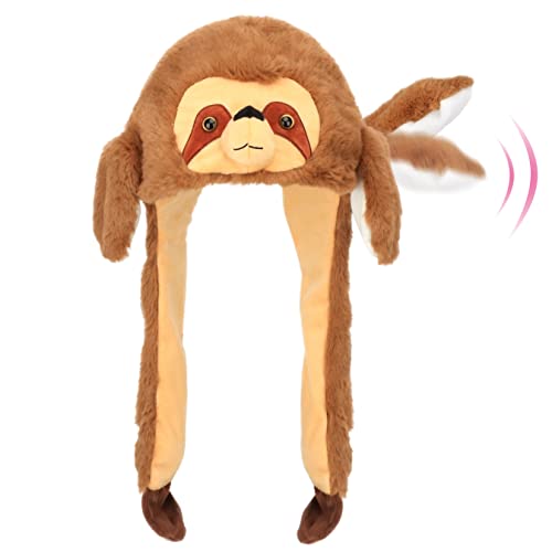 Hopearl Sloth Hat with Ears Moving Jumping Pop Up Beating Hat Plush Holiday Cosplay Dress Up Funny Gift for Kids Boys Girls, Brown, 22''