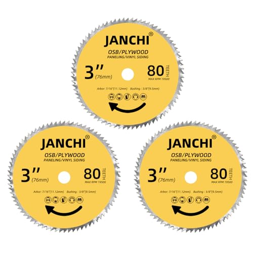 3Pack 3 Inch (76mm) 80T Circular Saw Blade, 7/16 Inch (11.12mm) Arbor with 3/8 Inch(9.5mm) Bushing, Plywood, OSB, Paneling and Vinyl Siding Fast and Smooth Cutting Saw Blade