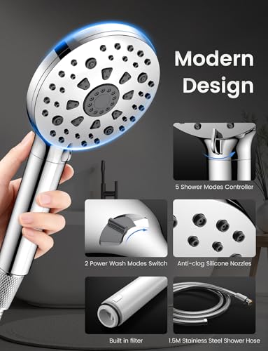 FEELSO Hard Water Filter Shower Head, 15 Stage Shower Filter, 5+2 Spray Modes High Pressure Shower Heads and 1.5M Hose, Universal Handheld Filtered Shower Head for Remove Residual Chlorine - Silver