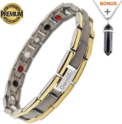 Titanium Magnetic Bracelet Therapy with 4 Element for Men/Women Arthritis Pain Relief Carpal Tunnel Insomnia+Hematite Pendant Necklace(Powerful Set)