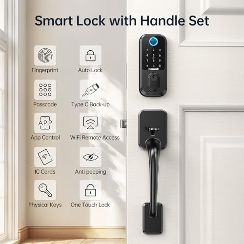 Front Door Lock and Handle Set, Hornbill WiFi Fingerprint Door Lock, Smart Keyless Entry Electronic Keypad Deadbolt for Front Door, Compatible with Alexa, Auto Lock, Matte Black