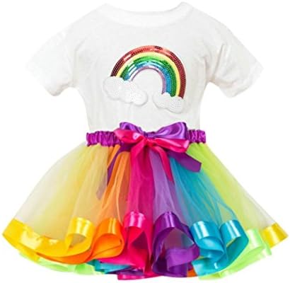 Princess Dress for 3-7 Years Old, Turkey Girls Rainbow T Shirt + Colorful Tutu Skirt Party Birthday Game Dancing Skirt Outfits Sets