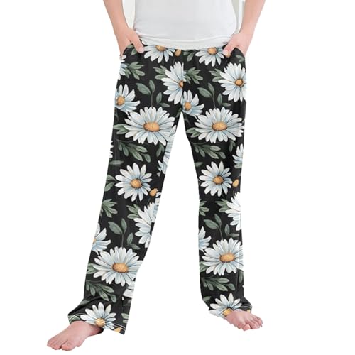 White Daisy Flower Long Pajama Pants Elastic Waist PJ Bottoms with Pockets S B0401818