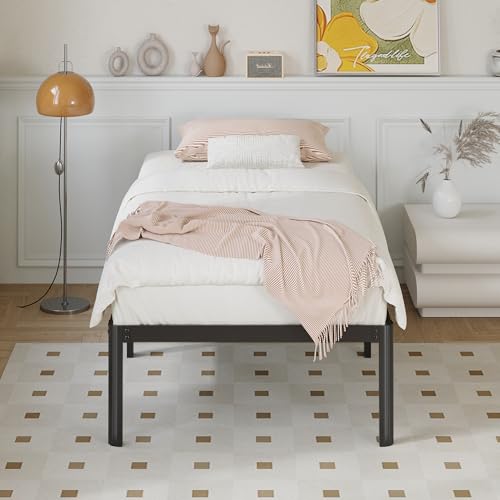 Yicensen Marco de Cama Individual de 36 cm de Altura, Metal Cama Individual con Patas Redondeadas de Esquina Plataforma Resistente Cama Muy Resistente Fácil Montaje, Sin Ruido, Negro