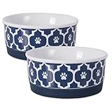 DII Bone Dry Lattice Ceramic Pet Bowl for Food & Water with Non-Skid Silicone Rim for Dogs and Cats (Small - 4.25" Dia x 2"H) Nautical Blue - Set of 2