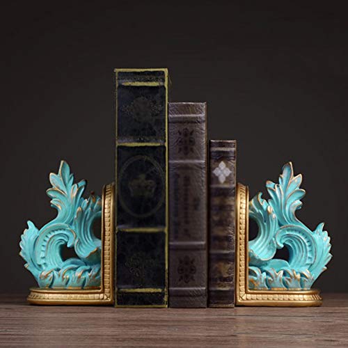 MAGO Abstract Bookends Hand-Carved Traditional Resin Bookends for Shelf Home Office Library Decoration, 1 Pair,Gold/Blue (Color : Blue)