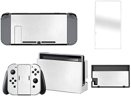 SIBIONO - Carbon Fiber Decals Stickers Full Set Faceplate Skins + Tempered Glass Screen Protector for Nintendo Switch Console & Joy-con Controller & Dock Protection Kit. (White)