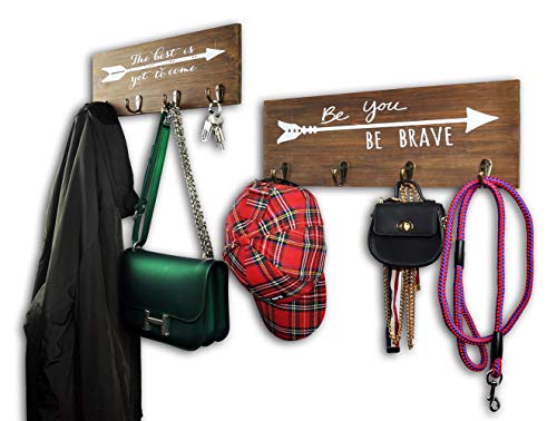 Spiretro Set of 2 Wall Mount Plaque with 4 Hooks and Arrow Sign Inspirational Words, Coat Hat Bag Rack, Leash Key Holder, 16.5 inch for Entryway Hallway Closet Bathroom Kids Room, Vintage Solid Wood