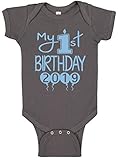 Reaxion Aiden's Corner - Baby Boy Clothes - Baby Boy My First Birthday Bodysuit (12 Months, 2018 Lt Blue-Charcoal)