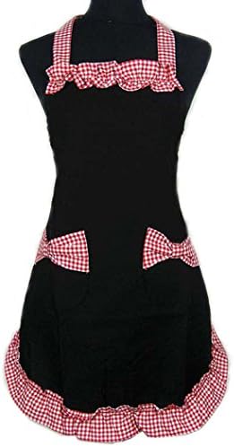 ALLICERE Women's Girl's Cotton Flirty Aprons Vintage Cooking Retro Apron Kitchen Restaurant Aprons Cooking Chef Waitress Apron with Pockets(Black and Red)