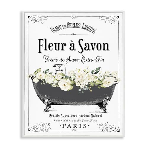 Stupell Industries French Flower Bathtub White Framed Giclee Art design by Lett…