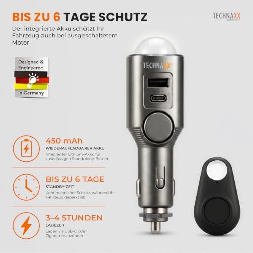 Autoalarm mit PIR Bewegungsmelder – 12–24V Plug-in Alarm mit 110dB Sirene, 6-Tage Akku, USB-A & USB-C Ladeports, LED-Anzeige & Fernbedienung - 2026 Update Modell - TX-100
