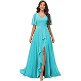 MYDRESS Chiffon Bridesmaid Dresses with Pockets Flutter Sleeves A-Line Ruffled Formal Dresses with Slit